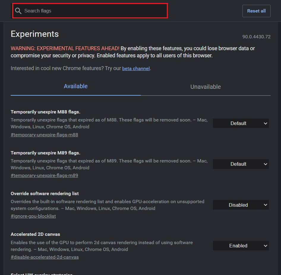 Dans la page des fonctionnalités expérimentales, tapez mirroring | Correction de la source Chromecast non prise en charge