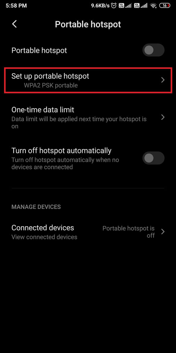 Appuyez sur Configurer un point d'accès portable ou Point d'accès mobile. | Fix Mobile Hotspot ne fonctionne pas sur Android