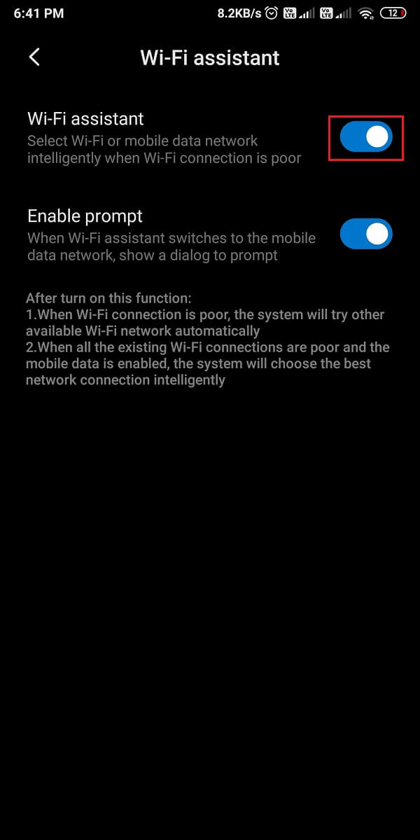 Enfin, désactivez la bascule à côté de l'assistant Wi-Fi ou du commutateur de réseau intelligent.