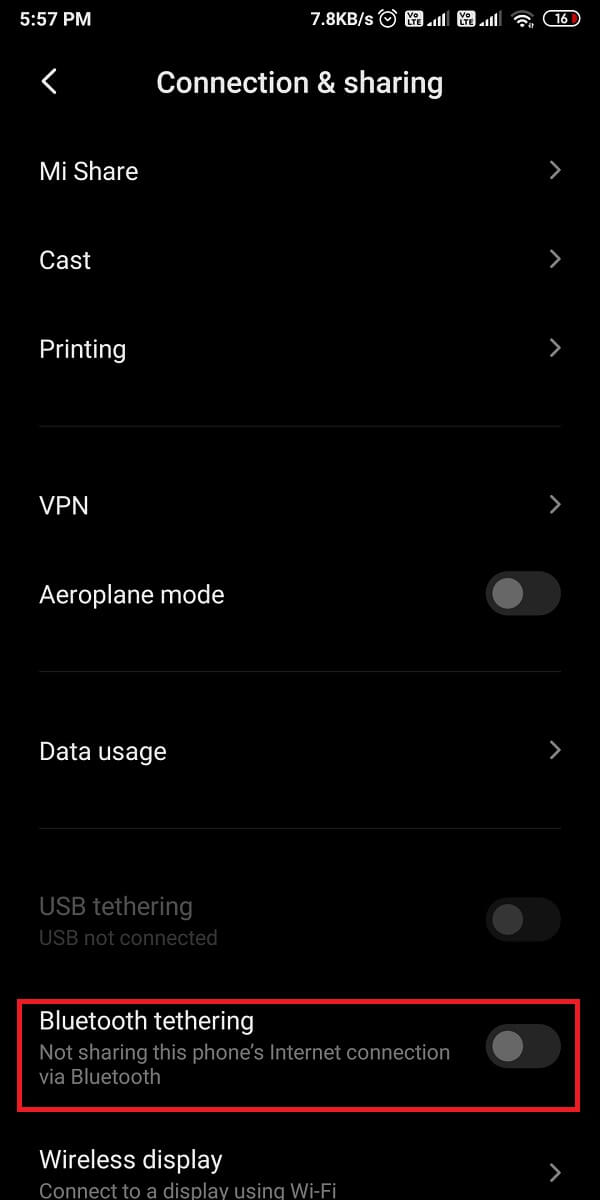 activez la bascule à côté de Partage de connexion Bluetooth. | Fix Mobile Hotspot ne fonctionne pas sur Android