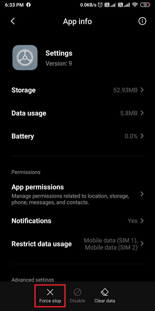 localisez l'application Paramètres dans la liste et appuyez sur Forcer l'arrêt en bas de l'écran.