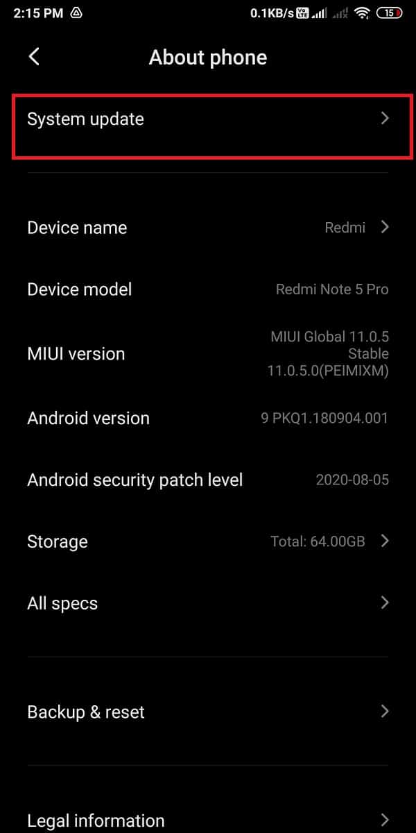 Appuyez sur "Mise à jour du système".