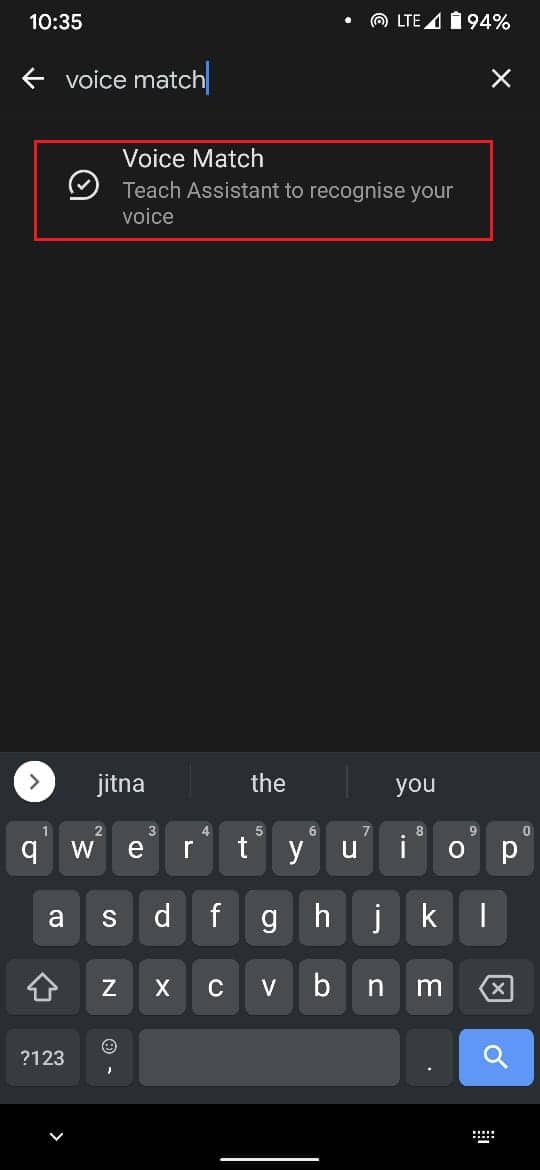 appuyez sur les paramètres de recherche et recherchez la correspondance vocale | Comment changer le mot de réveil de Google Home