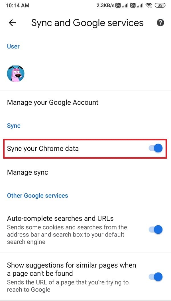 Activez la bascule à côté de synchroniser vos données Chrome