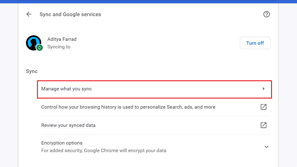 Cliquez sur Gérer ce que vous synchronisez