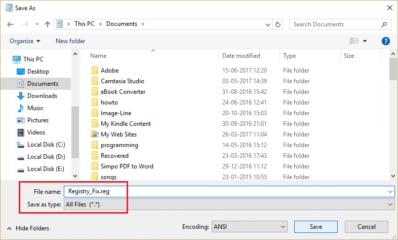 nomeie o arquivo para Registry_Fix.reg (a extensão .reg é muito importante) e clique em Salvar