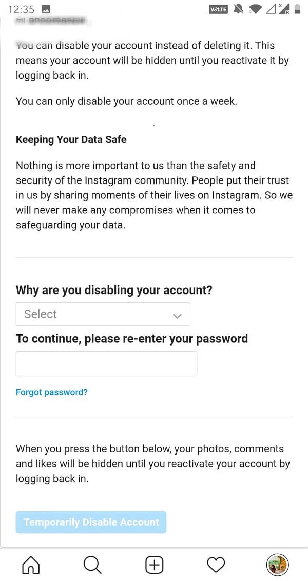 Lorsque vous appuyez sur Désactiver temporairement mon compte, une nouvelle fenêtre s'ouvre.