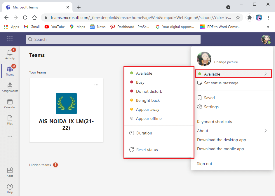 Klik status Anda saat ini di bawah nama Anda dan pilih tersedia dari daftar