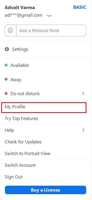 Dari opsi, klik om Profil saya | Tampilkan Gambar Profil di Zoom Meeting Alih-alih Video