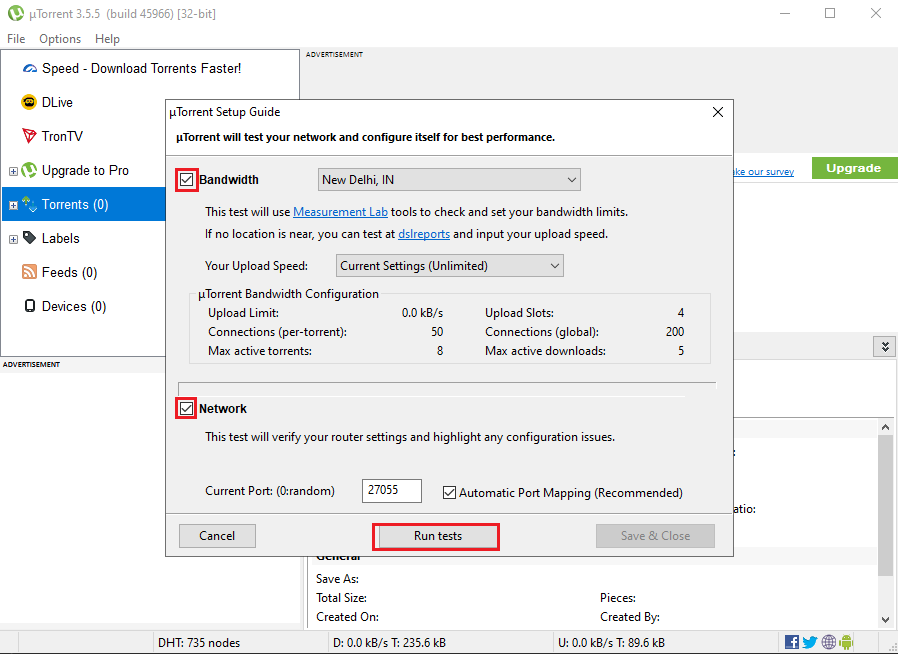Cliquez sur exécuter les tests en bas au milieu de l'écran de la fenêtre | Correction d'uTorrent bloqué lors de la connexion à des pairs