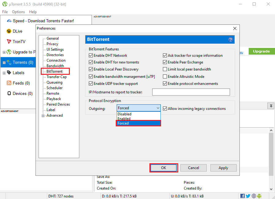 Cliquez sur OK pour enregistrer les modifications | Correction d'uTorrent bloqué lors de la connexion à des pairs
