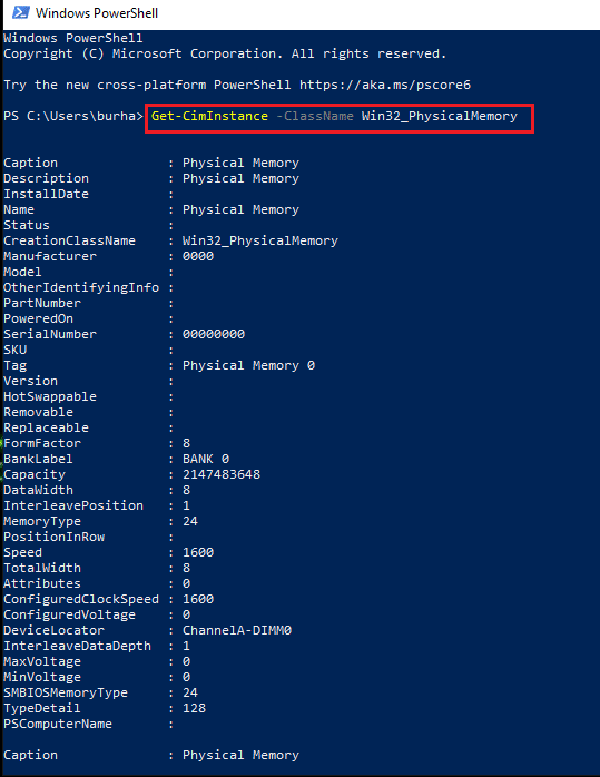Pour vérifier les détails de la RAM via PowerShell, tapez la commande dans l'invite de commande.