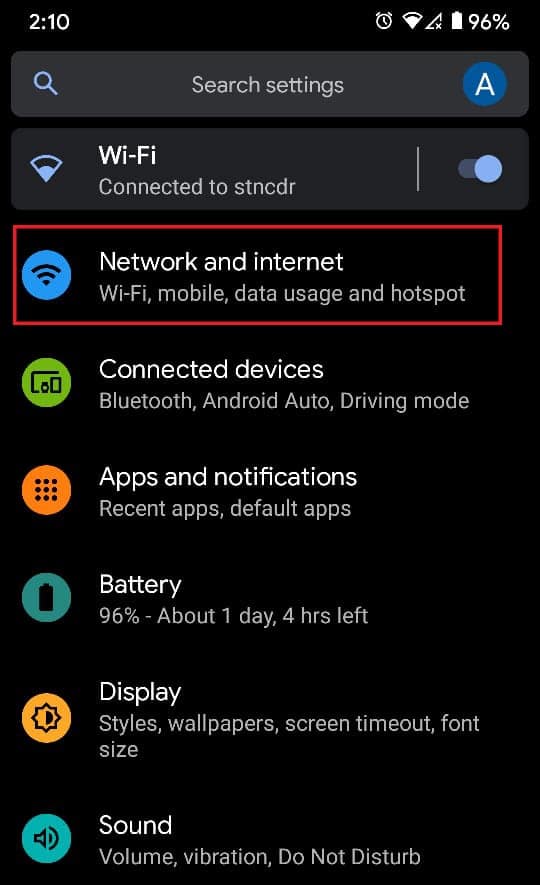 Pilih Jaringan dan Internet untuk melanjutkan
