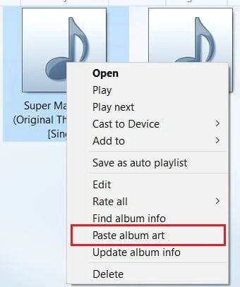 faites un clic droit sur l'album, puis sélectionnez coller la pochette de l'album | Comment ajouter une pochette d'album au MP3 dans Windows 10