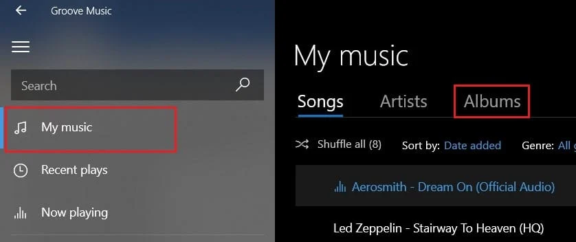 sélectionnez d'abord ma musique puis cliquez sur albums | Comment ajouter une pochette d'album au MP3 dans Windows 10