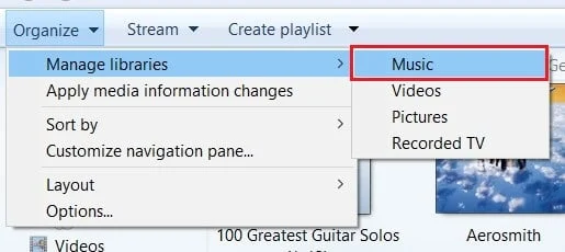 cliquez sur organiser, gérer les bibliothèques, la musique | Comment ajouter une pochette d'album au MP3 dans Windows 10
