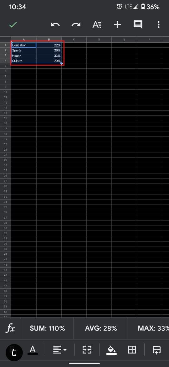 Pilih dan seret kursor ke sel lalu ketuk tombol plus