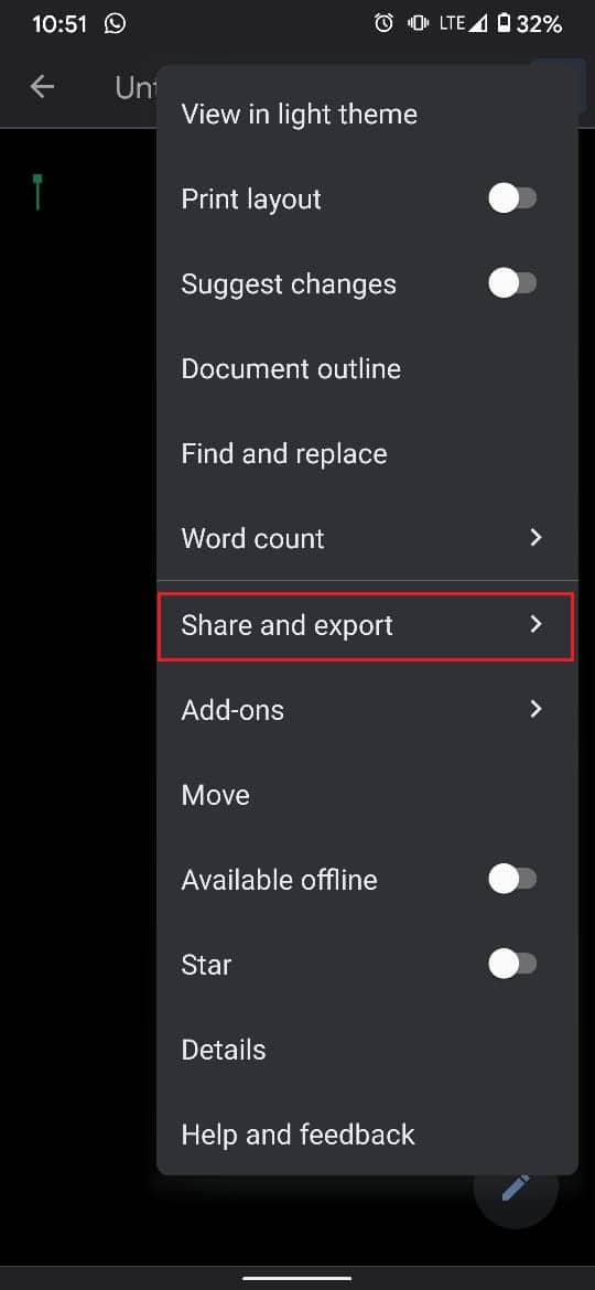 ketuk tiga titik di sudut atas dan pilih bagikan dan ekspor | Cara Membuat Grafik di Google Doc
