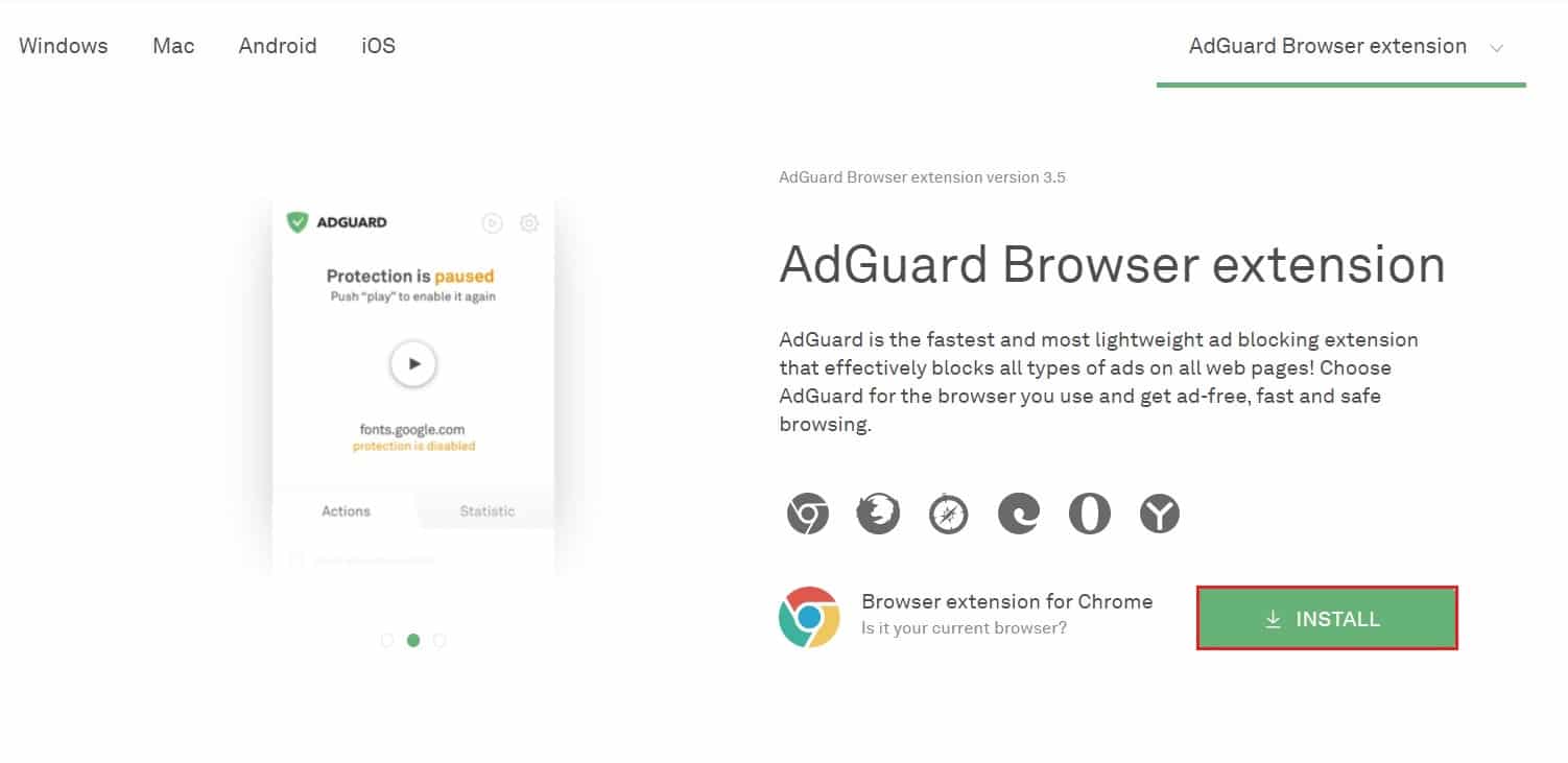 choisissez votre navigateur pour l'extension AdGuard et cliquez sur installer | Comment bloquer gratuitement les publicités sur Crunchyroll