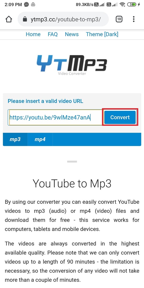 Klik Konversi untuk mulai mengonversi video YouTube ke format MP3
