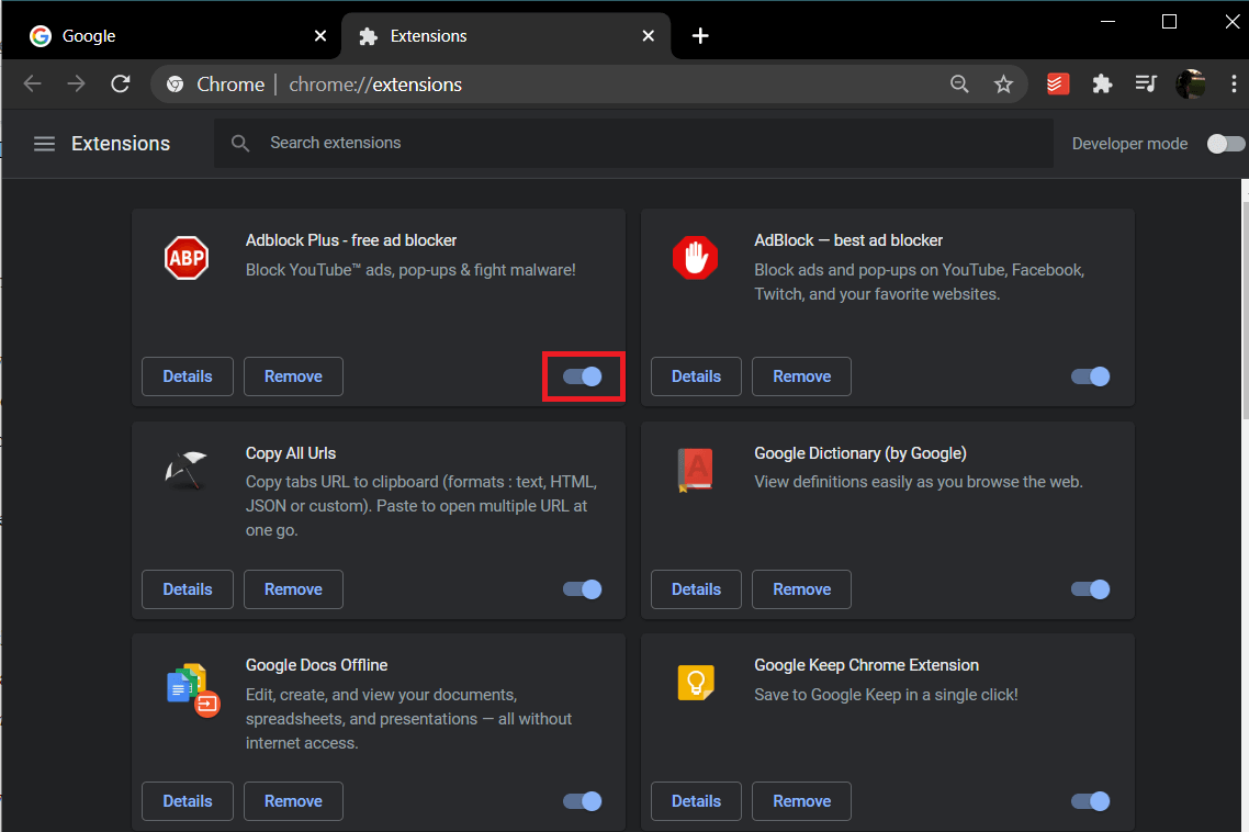 Localisez votre extension Adblock et désactivez-la en cliquant sur l'interrupteur à bascule à côté d'elle