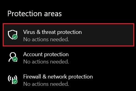Sous les zones de protection, cliquez sur Protection contre les virus et menaces