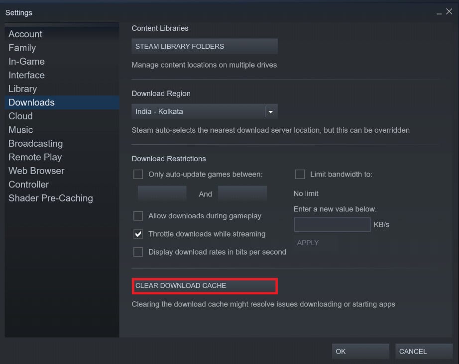 Klik Hapus cache unduhan | Perbaiki Steam Corrupt Disk Error pada Windows 10