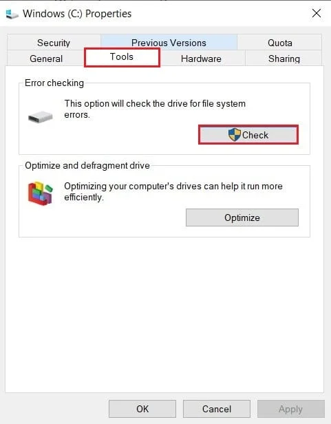 Klik centang di depan drive periksa untuk kesalahan sistem file