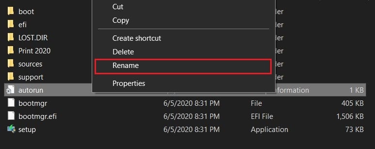 sélectionnez autorun et renommez-le en autorun.txt | Correction de l'erreur 0x80042405-0xa001a de l'outil de création de média