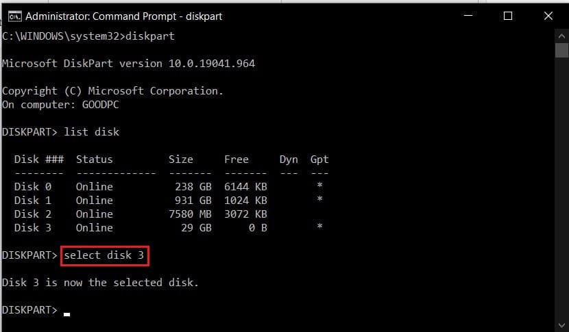 tapez select disk et entrez le numéro du disque que vous souhaitez sélectionner