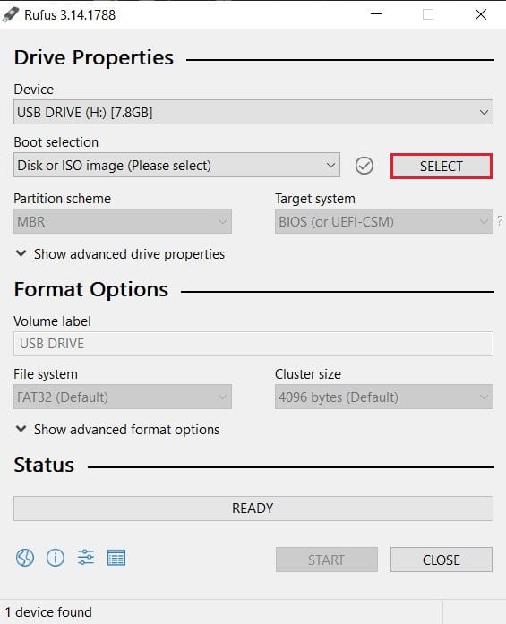 Ouvrez l'application Rufus et cliquez sur Sélectionner | Correction de l'erreur 0x80042405-0xa001a de l'outil de création de média