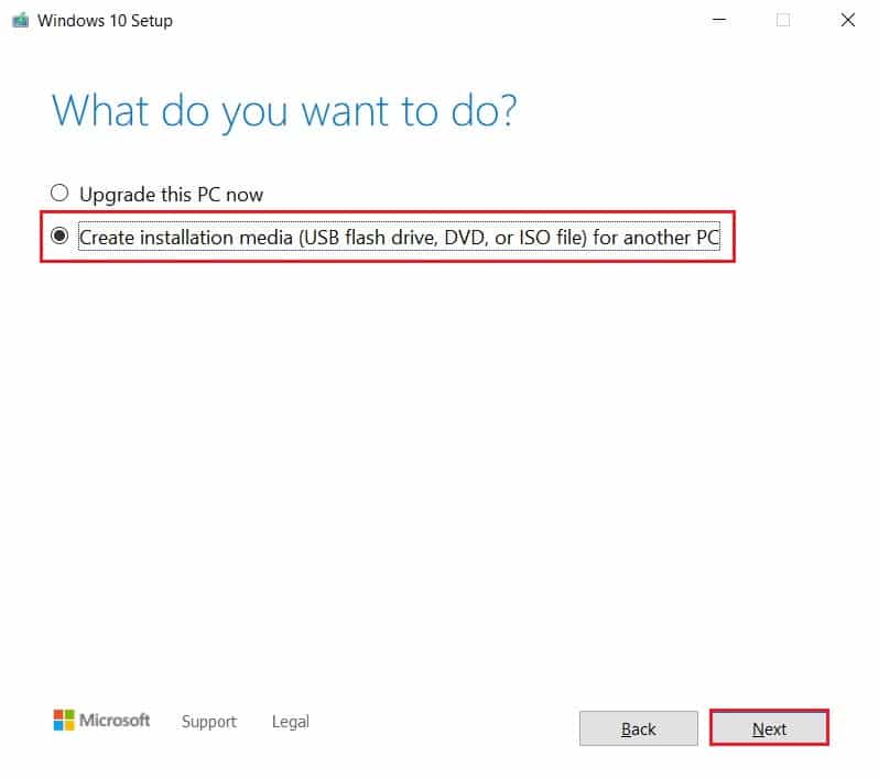 Sélectionnez créer un support d'installation et cliquez sur suivant | Correction de l'erreur 0x80042405-0xa001a de l'outil de création de média