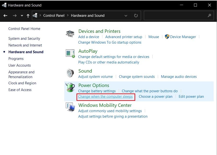 sous les options d'alimentation, cliquez sur changer lorsque l'ordinateur dort | Correction de l'erreur 0x80042405-0xa001a de l'outil de création de média