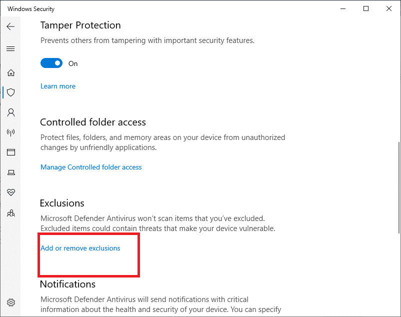 滚动到页面底部，然后单击添加或删除排除项。