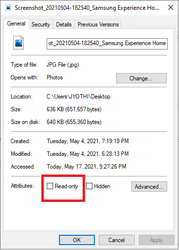 取消选中只读属性复选框