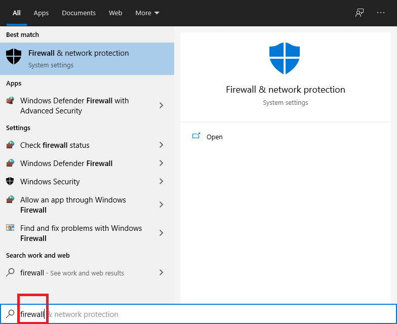 键入防火墙作为您的搜索选项