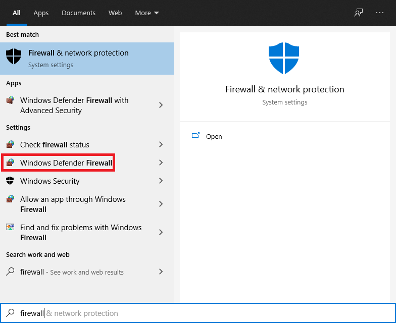 在控制面板中打开 Windows Defender 防火墙