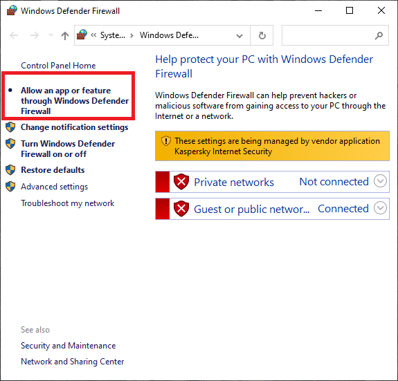 通过左侧的 Windows Defender 防火墙选项选择允许应用或功能。