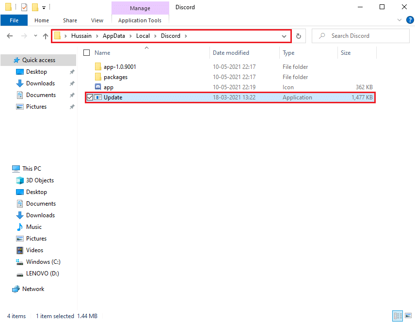 Cliquez sur discord et sélectionnez update.exe pour démarrer le processus de mise à jour
