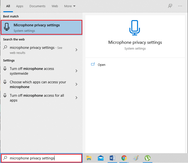 Tapez Paramètres de confidentialité du microphone dans la zone de recherche et cliquez sur Ouvrir