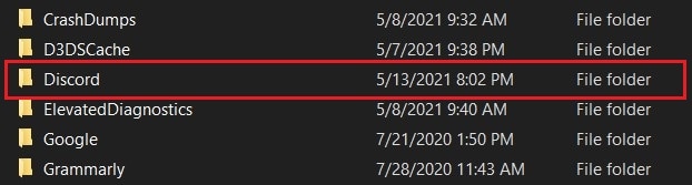 Dans le dossier de données de l'application locale, ouvrez Discord