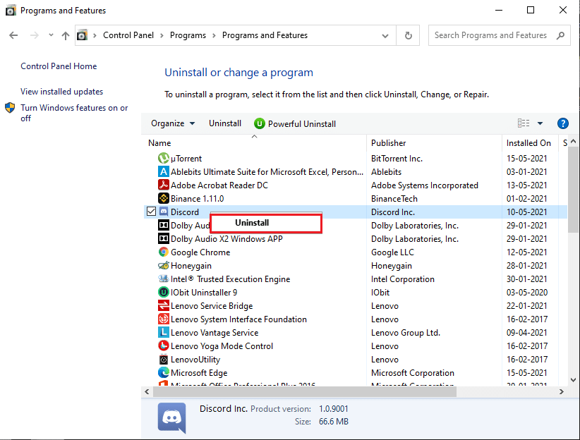 Faites un clic droit sur discord et cliquez sur désinstaller | Correction de l'audio du partage d'écran Discord ne fonctionnant pas
