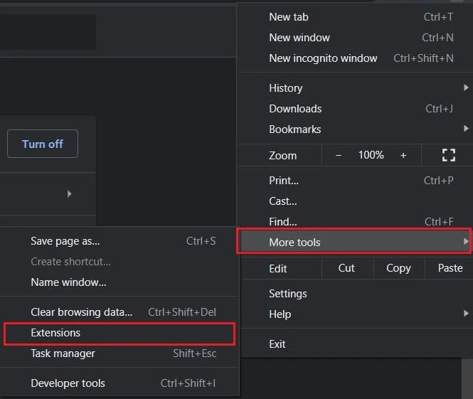 Cliquez sur les trois points, puis cliquez sur plus d'outils et sélectionnez les extensions | Comment télécharger des vidéos JW Player