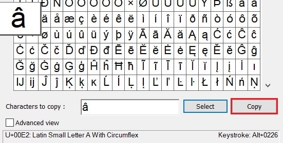Cliquez sur copier pour enregistrer le caractère accentué dans le presse-papiers | Comment taper des caractères avec des accents sous Windows