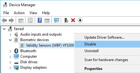 Désactiver le capteur de validité sous les appareils biométriques
