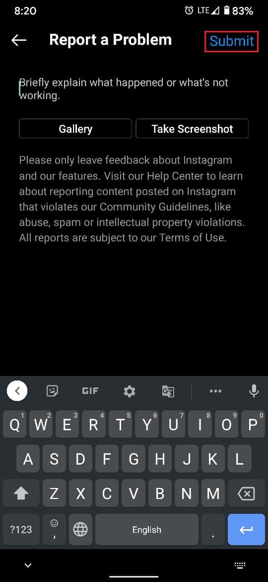Jelaskan masalah Anda dan ketuk kirim | Perbaiki Tindakan Diblokir pada Kesalahan Instagram