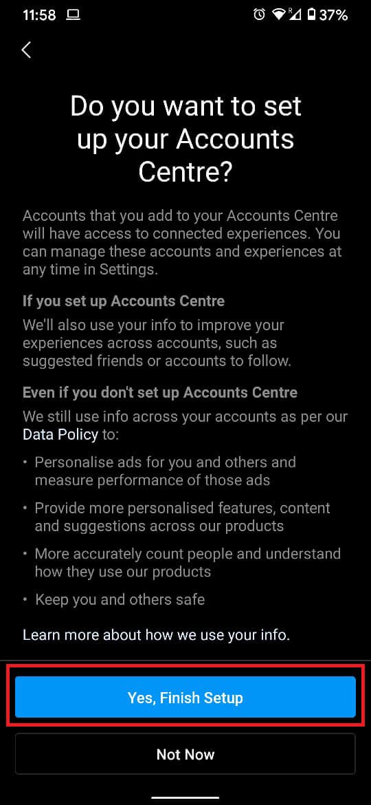 Ketuk Ya, selesaikan penyiapan | Perbaiki Tindakan Diblokir pada Kesalahan Instagram