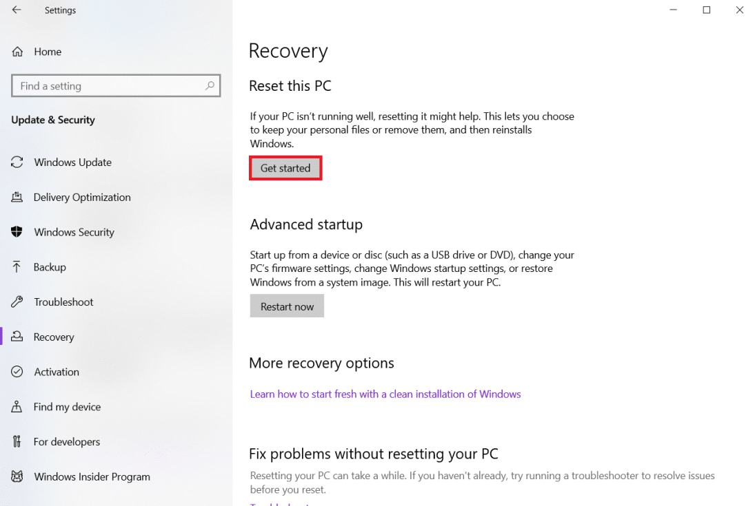 Klik Mulai di bawah Setel ulang PC ini | Cara Memperbaiki Kode Kesalahan 80072ee2