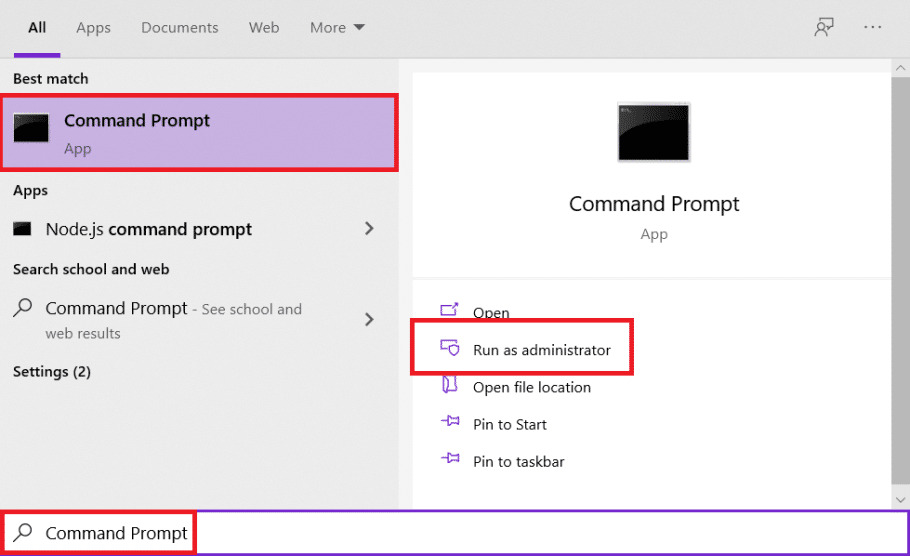Di menu Start, ketik Command Prompt dan klik Run as administrator.