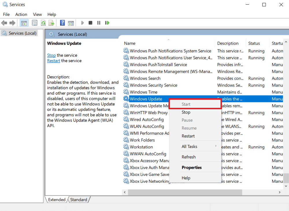 Klik kanan pada Pembaruan Windows dan pilih Mulai dari menu konteks | Cara Memperbaiki Kode Kesalahan 80072ee2